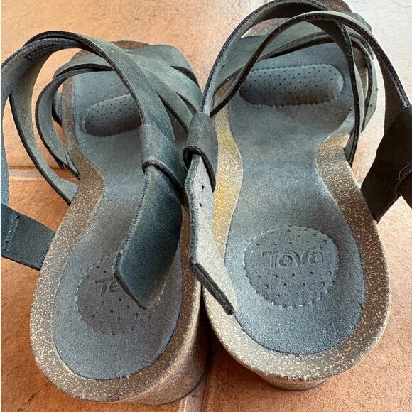 Teva Matte Black Mahonia Cork Sole Wedge Cross Strap Sandals w Buckles size 7 - Picture 13 of 16